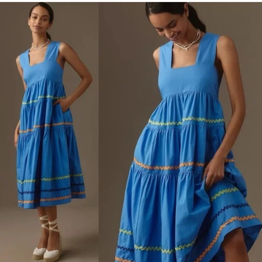 Anthropologie The Helena Square Neck Blue Tiered Dress